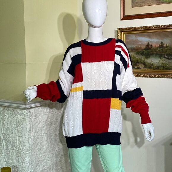 90’s Nautica Colour Block 100% Cotton Multi Colour Cable Knit Oversized Sweater - Picture 1 of 13